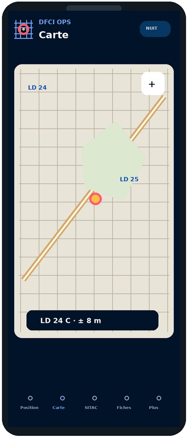 Écran Carte de DFCI OPS : fond cartographique avec la grille DFCI superposée, les carreaux LD 24 et LD 25 étiquetés, et la position marquée avec la mention « LD 24 C · ± 8 m ».