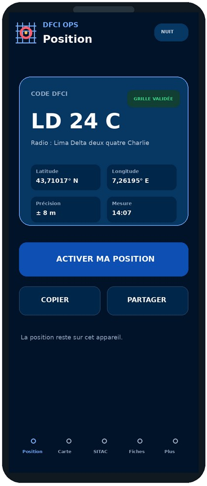 Écran Position de DFCI OPS : le code DFCI « LD 24 C » affiché en très grand, son épellation radio, la latitude, la longitude, la précision de ± 8 m et l'heure de la mesure.
